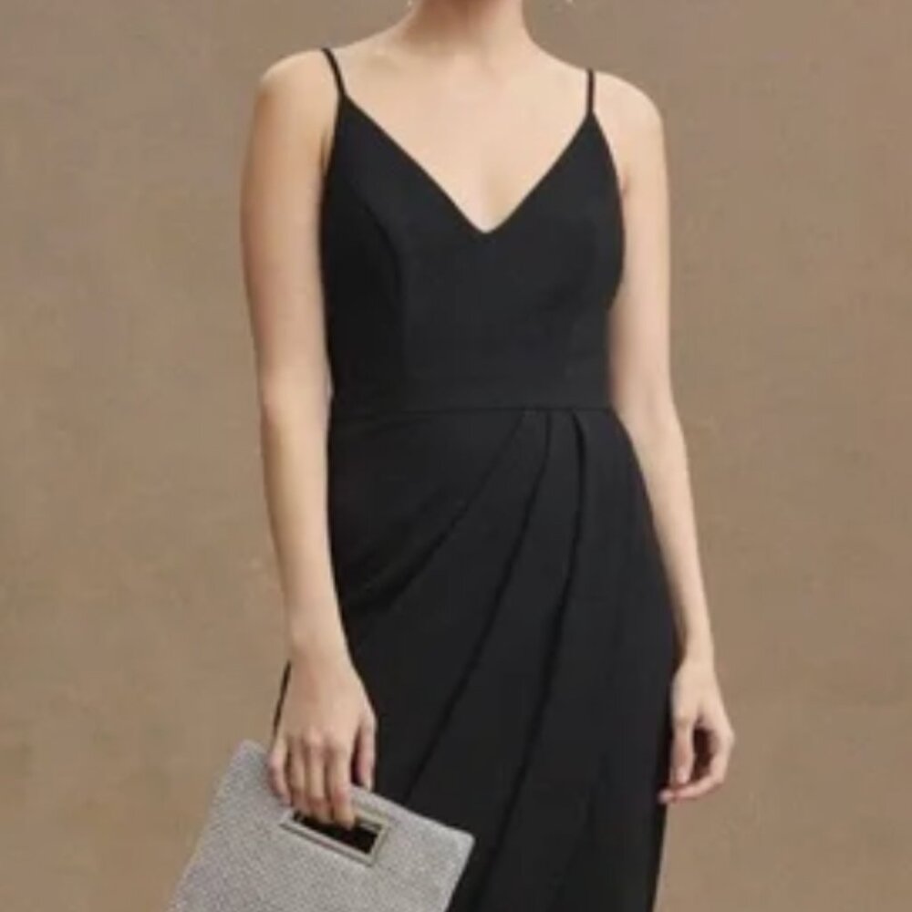 BHLDN Lyra v-neck faux-wrap midi crepe dress - black